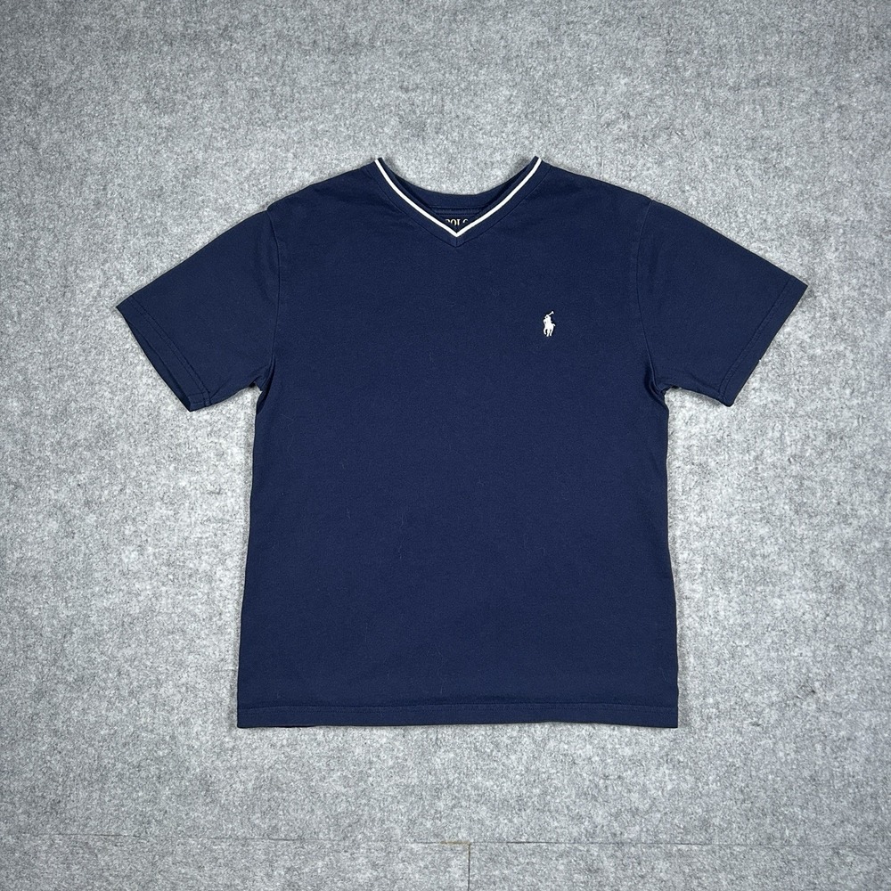 Polo Ralph Lauren T Shirt‎ Boys Size 10-12 Medium Navy Blue V Neck Red Pony Logo